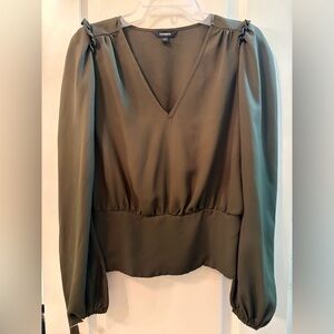 Express Olive Green V-Neck Long Sleeve Blouse